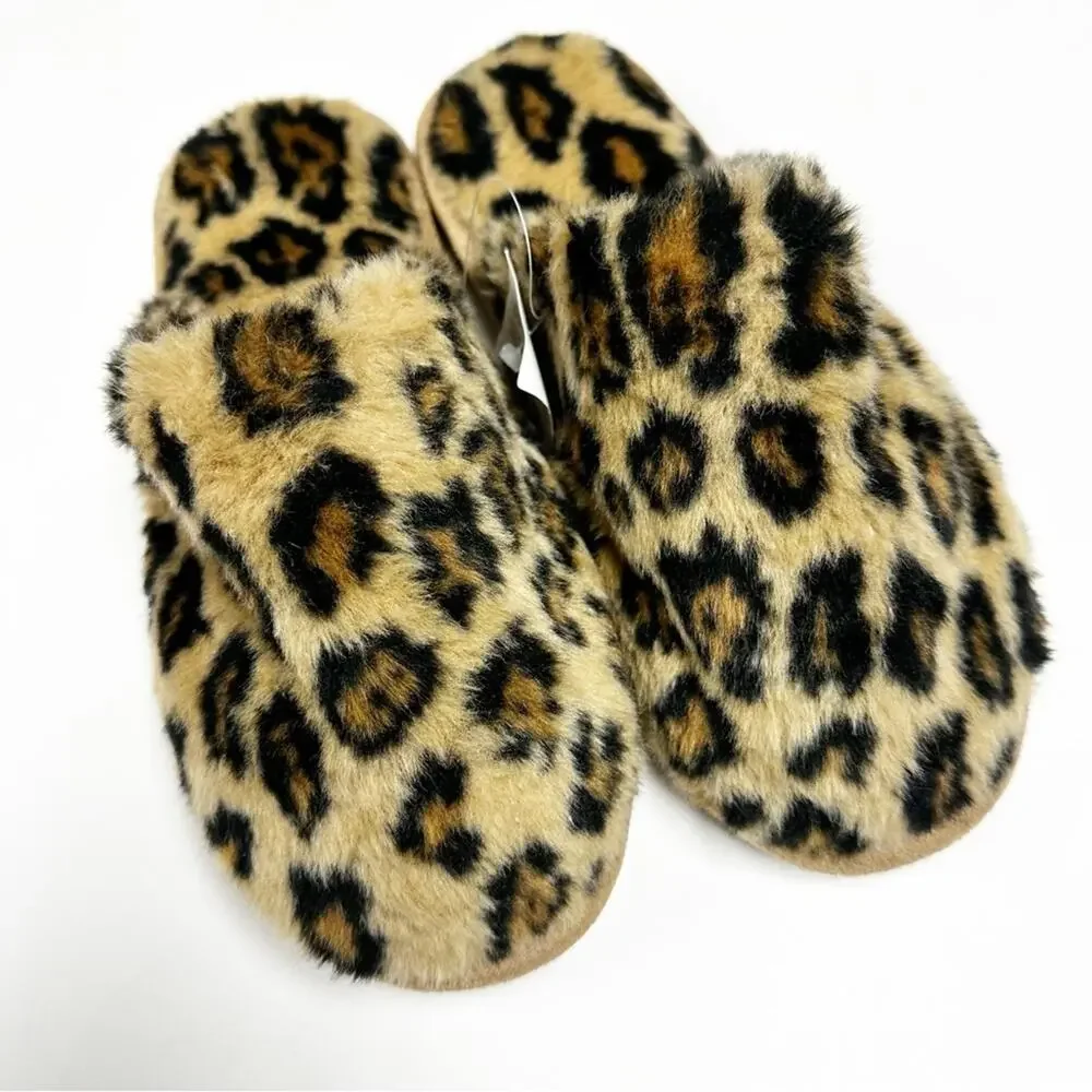 NEW J. Crew Leopard Fuzzy Faux Fur Slippers Womens 6 Animal Print Cozy Slip On